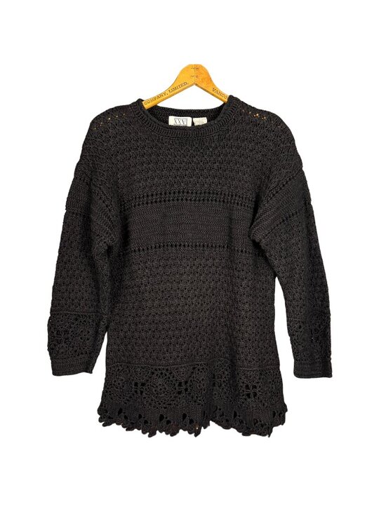 Vintage Tops - Vintage 90s Black Crochet Knit Top, Tunic, Festival Western Grunge